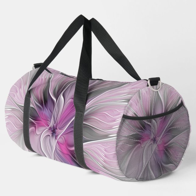 Floral Fractal Modern Abstract Flower Pink Grey Duffle Bag (Right Corner)