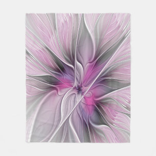 Floral Fractal Modern Abstract Flower Pink Grey Fleece Blanket