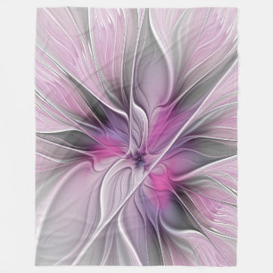 Floral Fractal Modern Abstract Flower Pink Grey Fleece Blanket