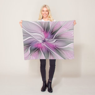 Floral Fractal Modern Abstract Flower Pink Grey Fleece Blanket