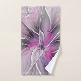 Floral Fractal Modern Abstract Flower Pink Grey Hand Towel