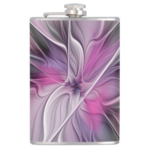 Floral Fractal Modern Abstract Flower Pink Grey Hip Flask