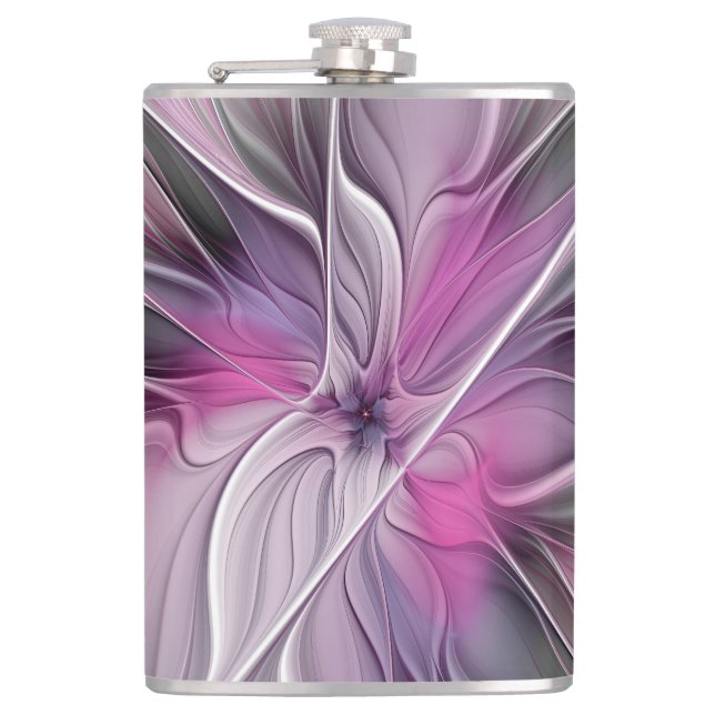 Floral Fractal Modern Abstract Flower Pink Grey Hip Flask (Front)