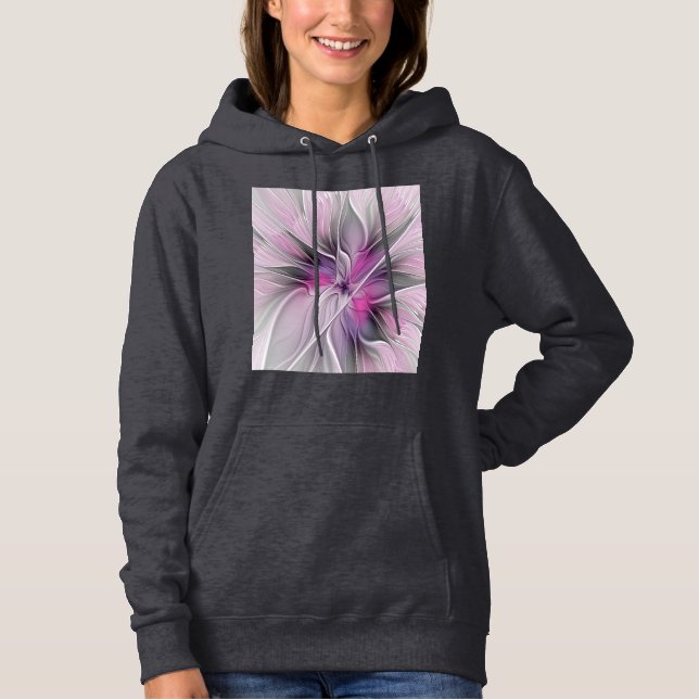Floral Fractal Modern Abstract Flower Pink Grey Hoodie (Front)