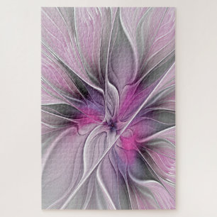 Floral Fractal Modern Abstract Flower Pink Grey Jigsaw Puzzle