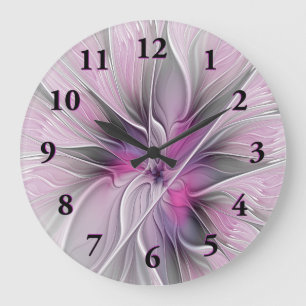 Floral Fractal Modern Abstract Flower Pink Grey Large Clock