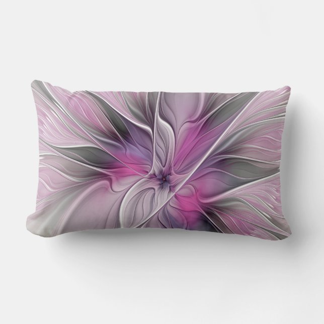 Floral Fractal Modern Abstract Flower Pink Grey Lumbar Cushion (Front)