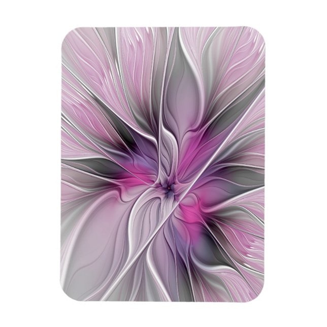 Floral Fractal Modern Abstract Flower Pink Grey Magnet (Vertical)
