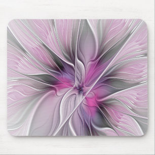 Floral Fractal Modern Abstract Flower Pink Grey Mouse Mat