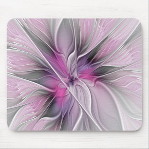 Floral Fractal Modern Abstract Flower Pink Grey Mouse Mat