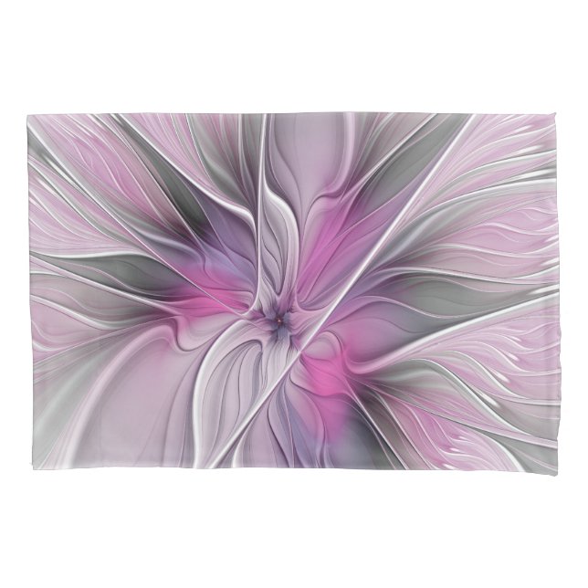 Floral Fractal Modern Abstract Flower Pink Grey Pillowcase (Front)