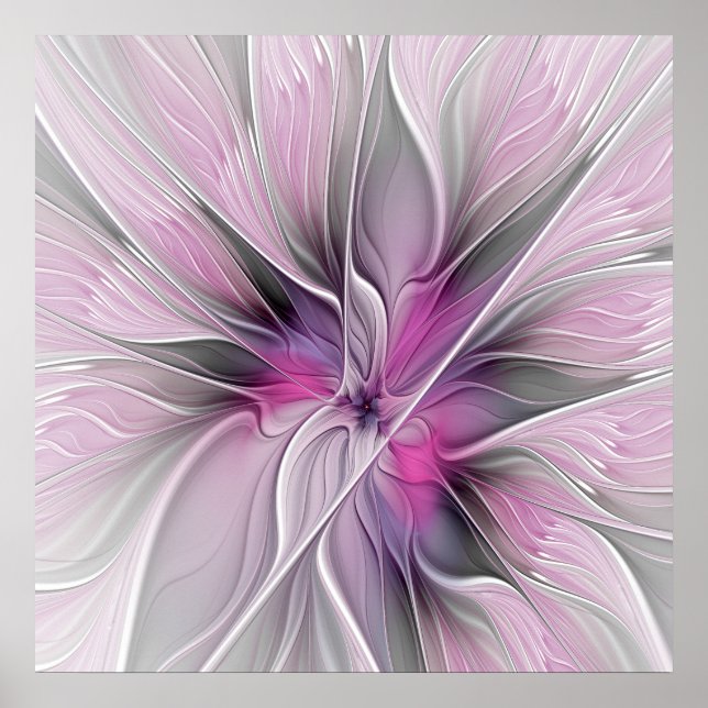 Floral Fractal Modern Abstract Flower Pink Grey Poster (Front)