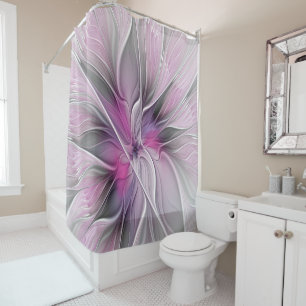 Floral Fractal Modern Abstract Flower Pink Grey Shower Curtain