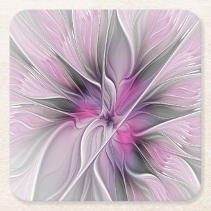Floral Fractal Modern Abstract Flower Pink Grey Square Paper Coaster