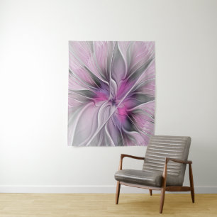 Floral Fractal Modern Abstract Flower Pink Grey Tapestry