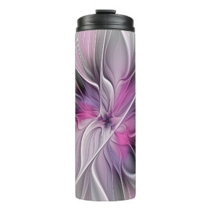 Floral Fractal Modern Abstract Flower Pink Grey Thermal Tumbler