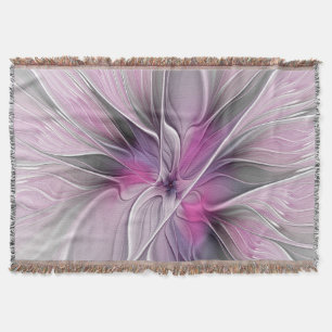 Floral Fractal Modern Abstract Flower Pink Grey Throw Blanket