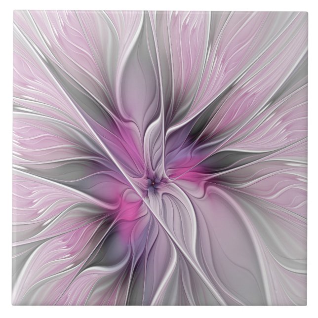 Floral Fractal Modern Abstract Flower Pink Grey Tile (Front)