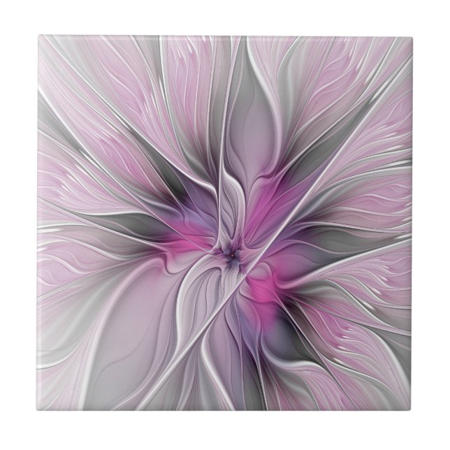 Floral Fractal Modern Abstract Flower Pink Grey Tile (Front)