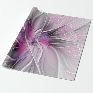 Floral Fractal Modern Abstract Flower Pink Grey Wrapping Paper