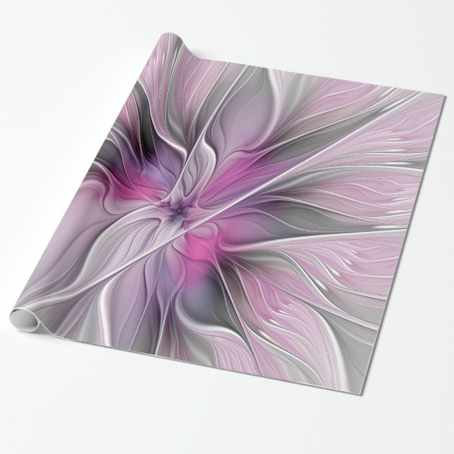 Floral Fractal Modern Abstract Flower Pink Grey Wrapping Paper (Unrolled)