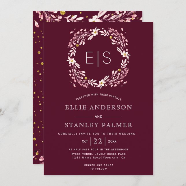 Floral frame and gold confetti burgundy wedding invitation (Front/Back)