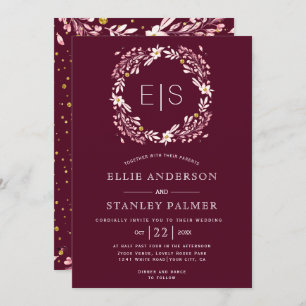 Floral frame and gold confetti burgundy wedding invitation