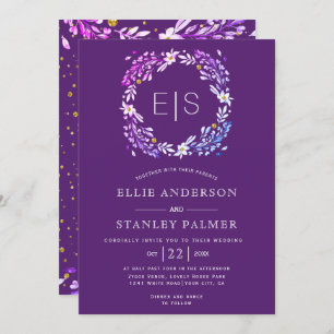 Floral frame and gold confetti purple wedding invitation