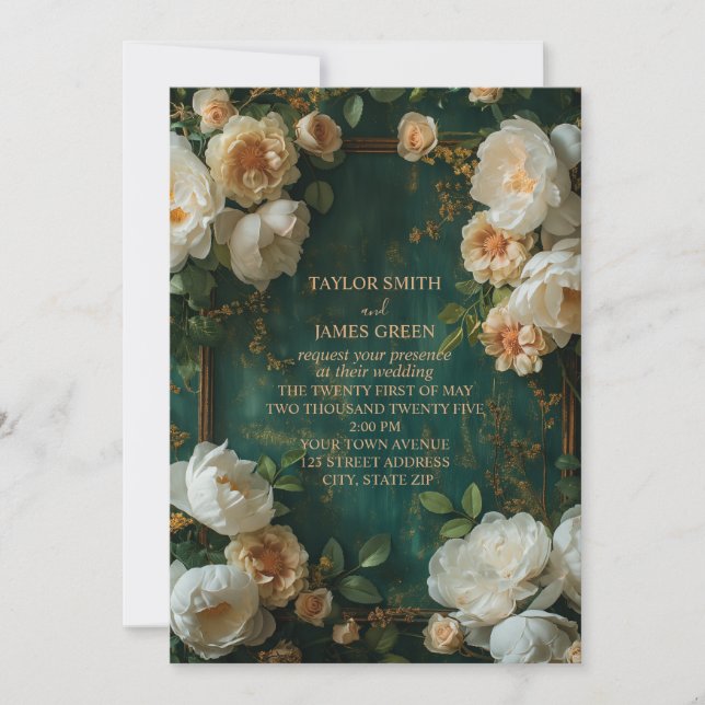  Floral frame background with white and cream rose Invitation (Front)