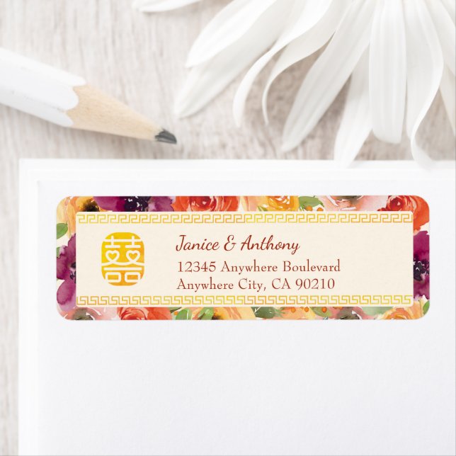 Floral frame beige Chinese wedding return address (Insitu)
