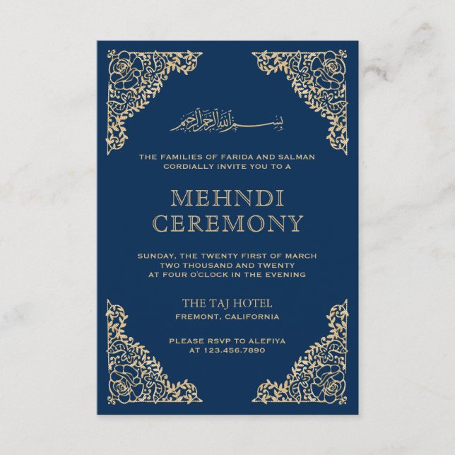 Floral Frame Blue and Gold Islamic Muslim Mehndi Enclosure Card (Front)