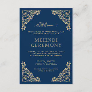 Floral Frame Blue and Gold Islamic Muslim Mehndi Enclosure Card
