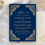 Floral Frame Blue and Gold Islamic Muslim Wedding Invitation<br><div class="desc">Invite your guests with this Islamic style wedding invitation featuring an intricate floral design and 'Bismillah' in Arabic calligraphy on a navy blue background. Simply add your event details on this easy-to-use template to make it a one-of-a-kind invitation. This invitation is fully customisable. All texts are editable and background colour...</div>