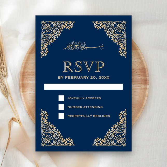 Floral Frame Blue and Gold Islamic Muslim Wedding RSVP Card (Creator Uploaded)