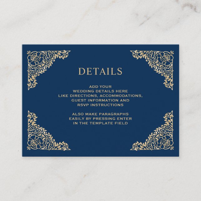 Floral Frame Blue and Gold Wedding Details Enclosure Card (Front)