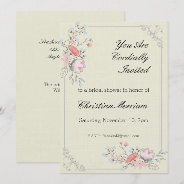 Floral Frame Bridal Shower Custom Invitation (Front/Back)