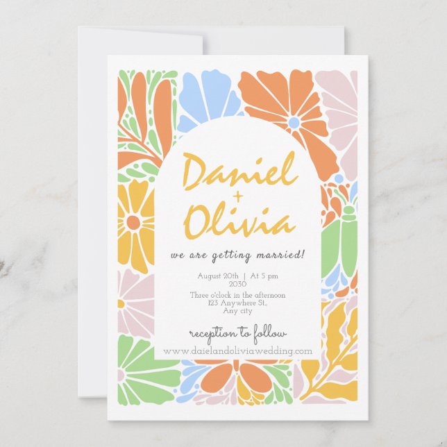 Floral Frame Colourful Retro Wedding Invitation (Front)