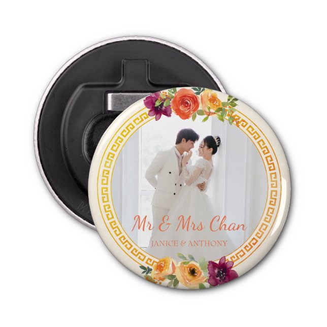 Floral frame couple photo beige wedding mr & mrs bottle opener (Front)