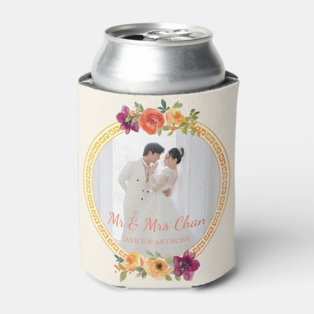 Floral frame couple photo beige wedding mr & mrs can cooler (Can Front)