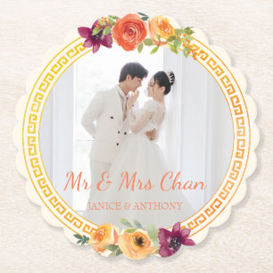 Floral frame couple photo beige wedding mr & mrs paper coaster