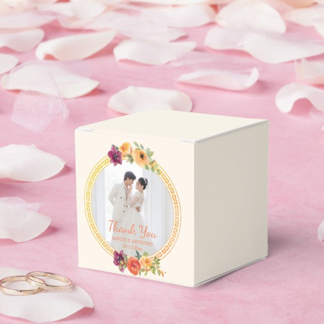 Floral frame couple photo beige wedding thank you favour box (Wedding)