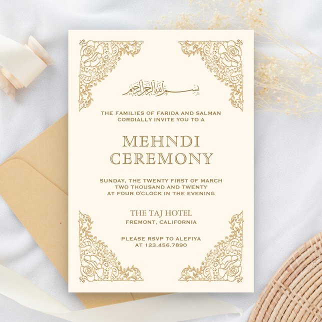 Floral Frame Cream and Gold Islamic Muslim Mehndi Enclosure Card (Creator Uploaded)