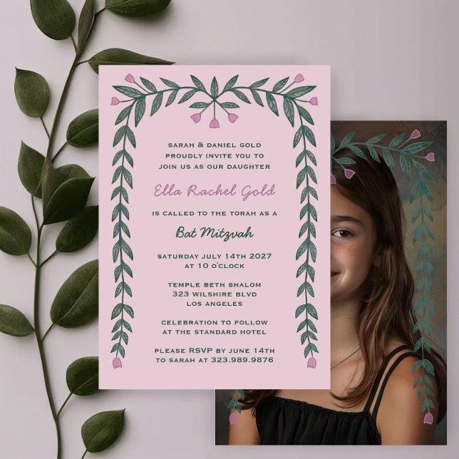 Floral Frame Custom Photo Bat Mitzvah Girl Invitation (Floral Frame Custom Photo Bat Mitzvah Girl Invitation
)