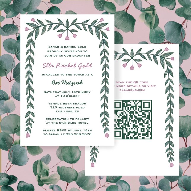 Floral Frame Custom QR Code Bat Mitzvah Girl Invitation (Floral Frame Custom QR Code Bat Mitzvah Girl Invitation
)