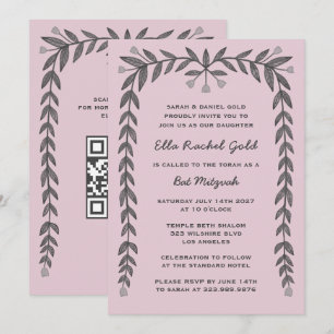 Floral Frame Custom QR Code Modern BarBat Mitzvah Invitation
