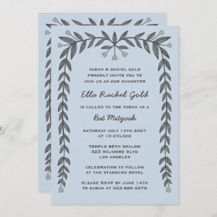 Floral Frame Custom QR Code Modern BarBat Mitzvah  Invitation