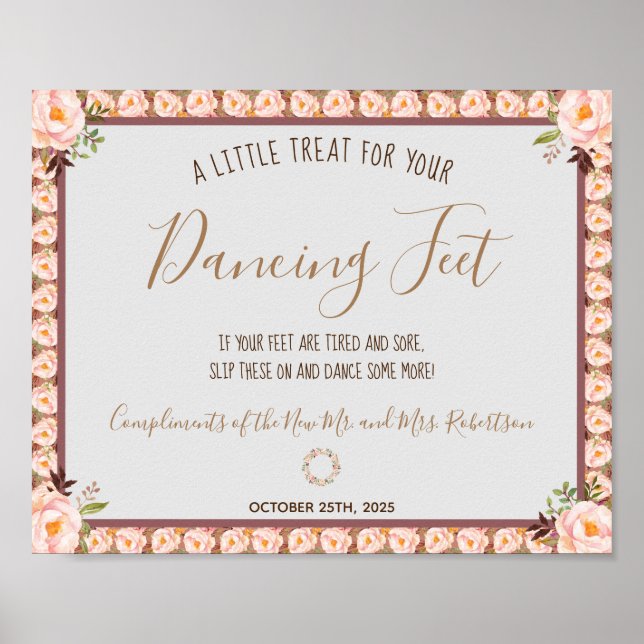 Floral Frame Dancing Feet Flip Flops Wedding Sign (Front)
