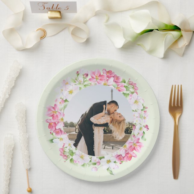 Floral Frame Favourite Couples Photo Wedding  Paper Plate (Wedding)