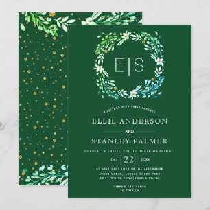 Floral frame, gold confetti emeral green wedding invitation