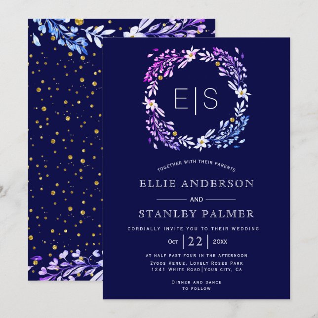 Floral frame gold confetti navy blue wedding invitation (Front/Back)